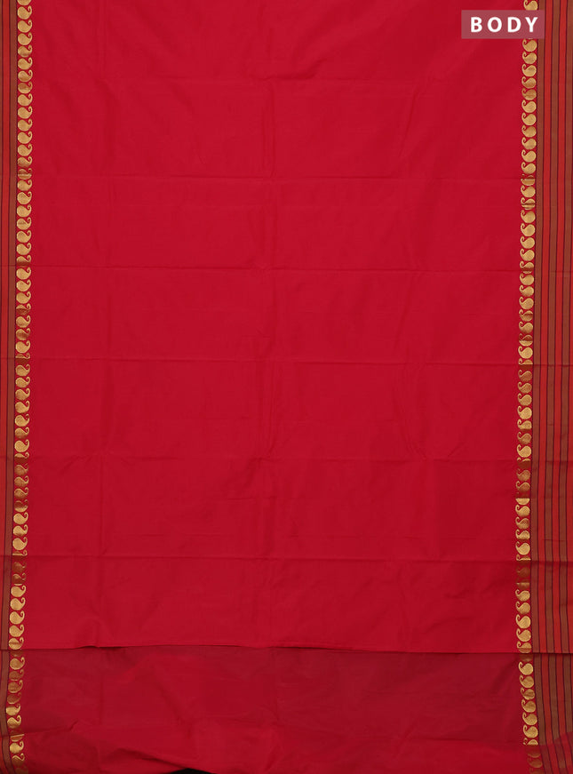 Arani semi silk saree red and light green with plain body and paisley zari woven simple border