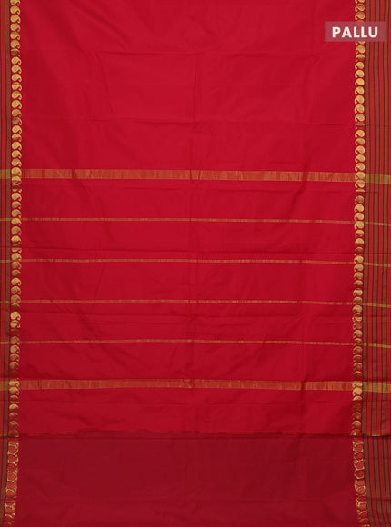 Arani semi silk saree red and light green with plain body and paisley zari woven simple border