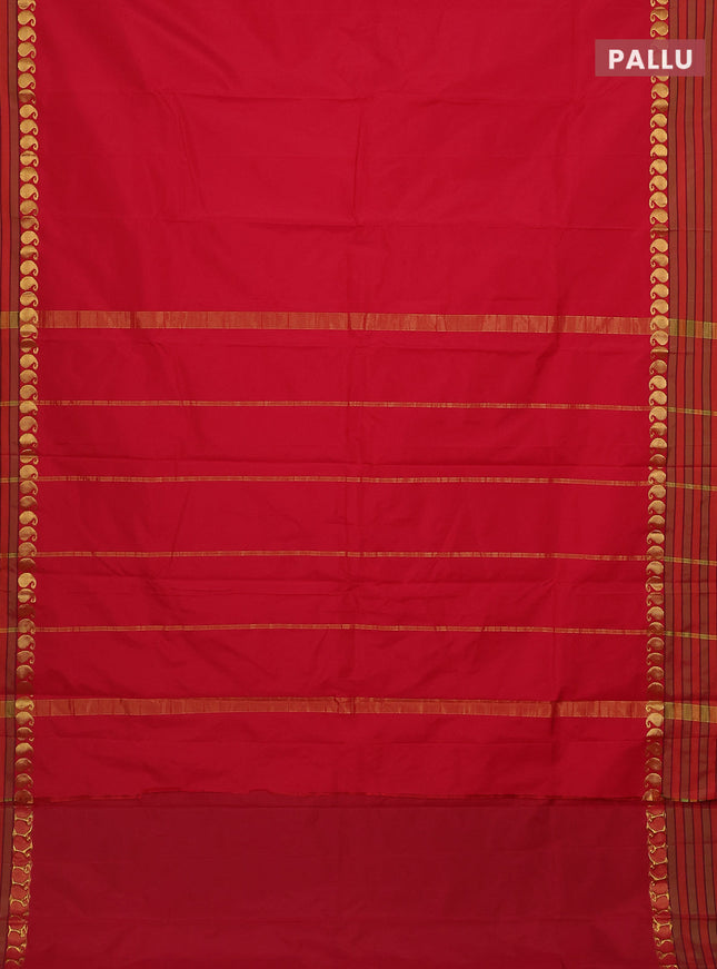 Arani semi silk saree red and light green with plain body and paisley zari woven simple border