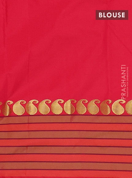 Arani semi silk saree red and light green with plain body and paisley zari woven simple border