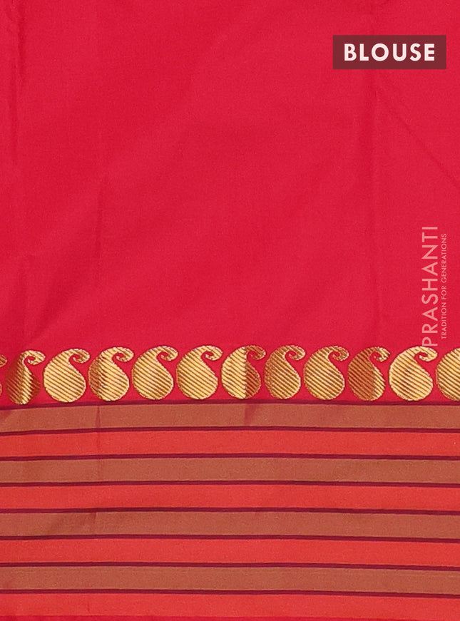 Arani semi silk saree red and light green with plain body and paisley zari woven simple border