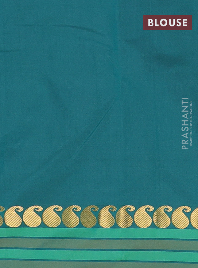 Arani semi silk saree peacock green and green with plain body and paisley zari woven simple border