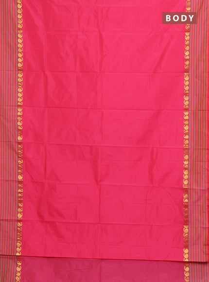 Arani semi silk saree peach pink with plain body and paisley zari woven simple border