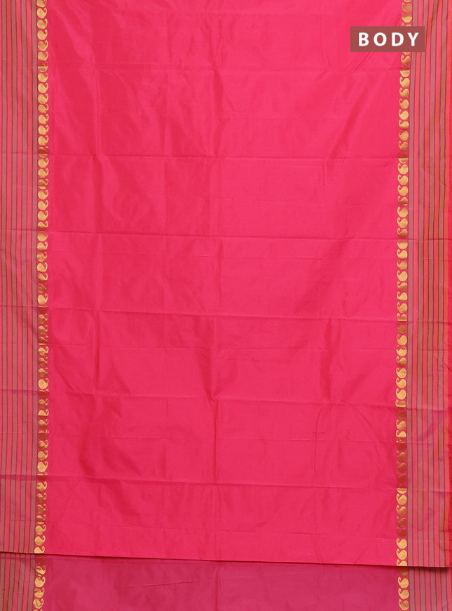 Arani semi silk saree peach pink with plain body and paisley zari woven simple border