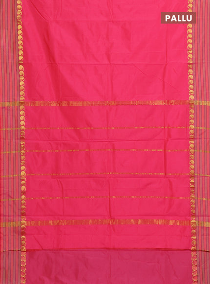Arani semi silk saree peach pink with plain body and paisley zari woven simple border