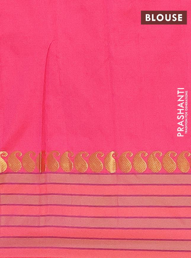 Arani semi silk saree peach pink with plain body and paisley zari woven simple border