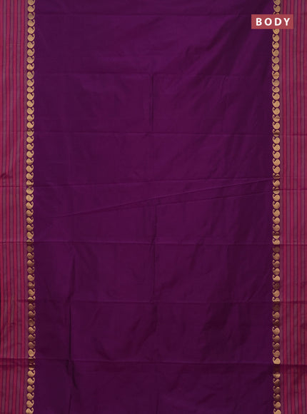 Arani semi silk saree purple and green shade with plain body and paisley zari woven simple border
