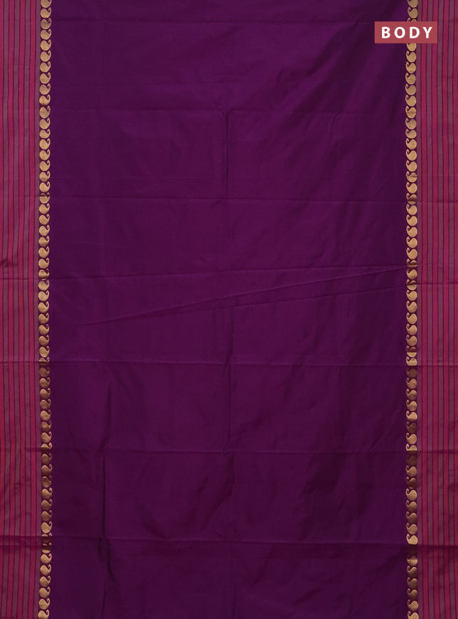 Arani semi silk saree purple and green shade with plain body and paisley zari woven simple border