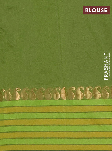 Arani semi silk saree sap green and mustard yellow with plain body and paisley zari woven simple border