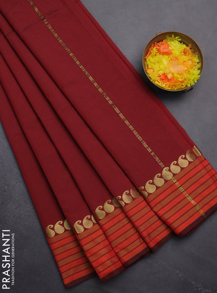 Arani semi silk saree maroon and dual shade of orange with plain body and paisley zari woven simple border