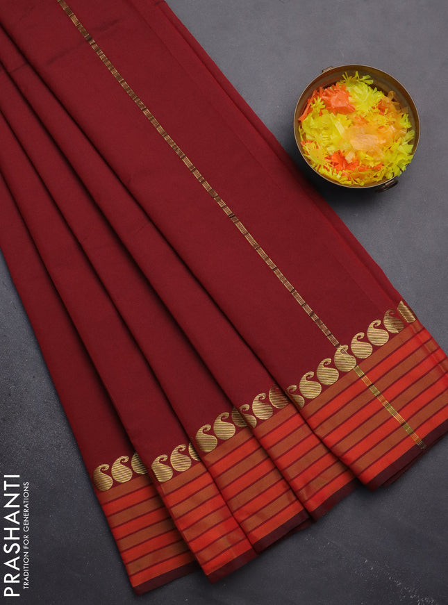 Arani semi silk saree maroon and dual shade of orange with plain body and paisley zari woven simple border