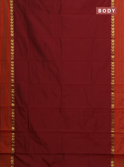 Arani semi silk saree maroon and dual shade of orange with plain body and paisley zari woven simple border