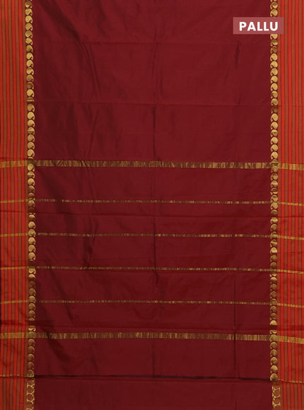 Arani semi silk saree maroon and dual shade of orange with plain body and paisley zari woven simple border