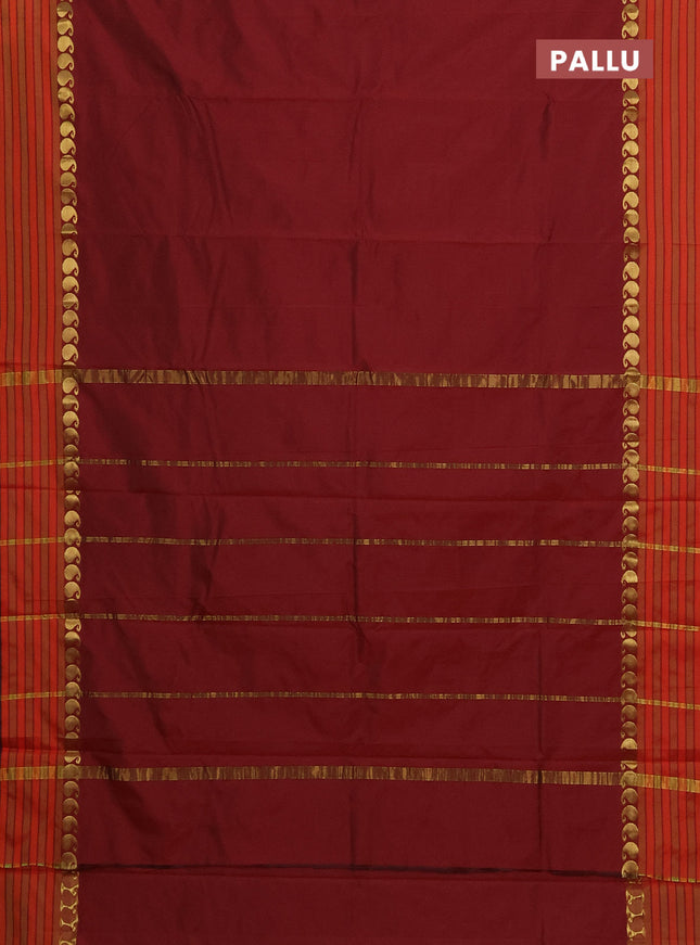Arani semi silk saree maroon and dual shade of orange with plain body and paisley zari woven simple border