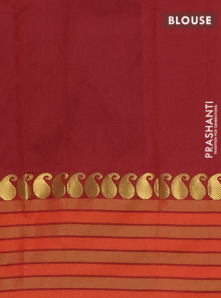 Arani semi silk saree maroon and dual shade of orange with plain body and paisley zari woven simple border