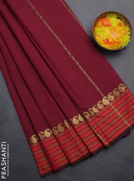 Arani semi silk saree dark magenta pink and dual shade of orange with plain body and paisley zari woven simple border