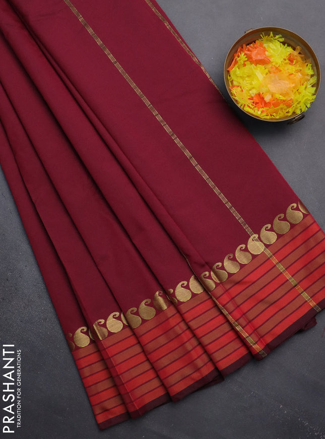 Arani semi silk saree dark magenta pink and dual shade of orange with plain body and paisley zari woven simple border