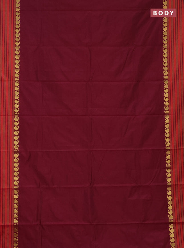 Arani semi silk saree dark magenta pink and dual shade of orange with plain body and paisley zari woven simple border