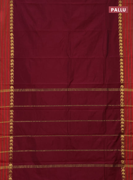 Arani semi silk saree dark magenta pink and dual shade of orange with plain body and paisley zari woven simple border