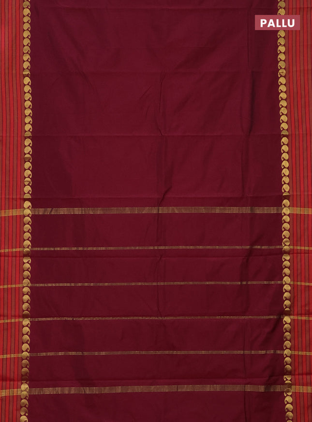 Arani semi silk saree dark magenta pink and dual shade of orange with plain body and paisley zari woven simple border
