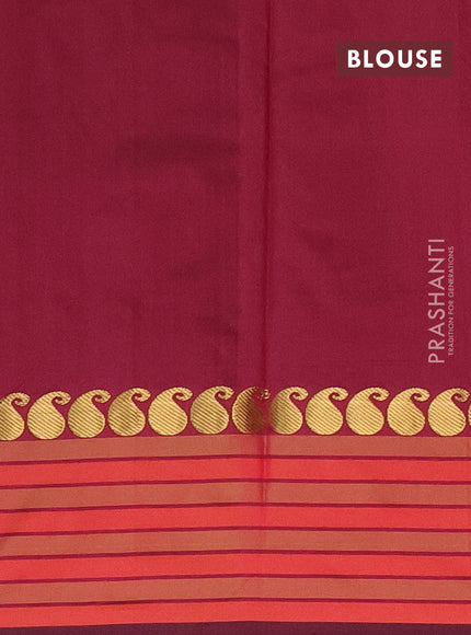 Arani semi silk saree dark magenta pink and dual shade of orange with plain body and paisley zari woven simple border