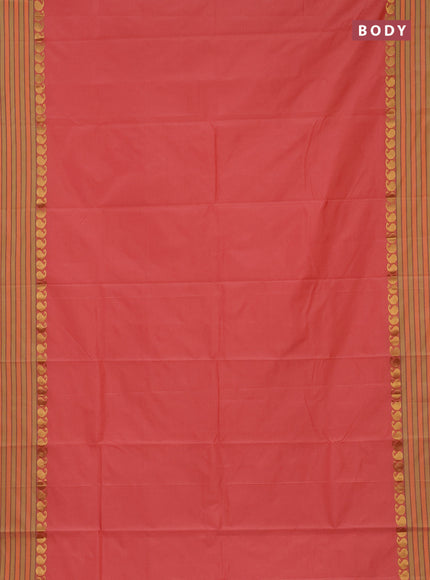 Arani semi silk saree peach orange and yellow shade with plain body and paisley zari woven simple border