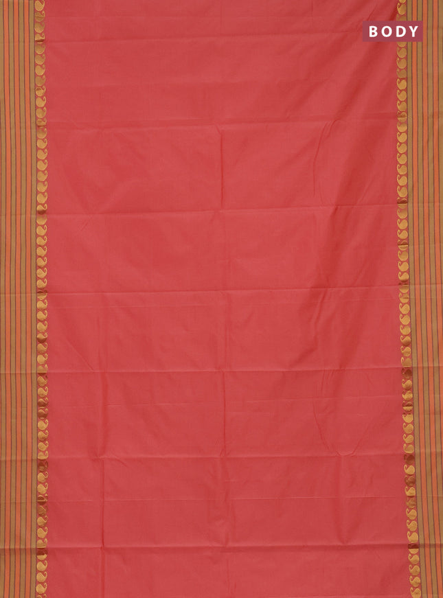 Arani semi silk saree peach orange and yellow shade with plain body and paisley zari woven simple border