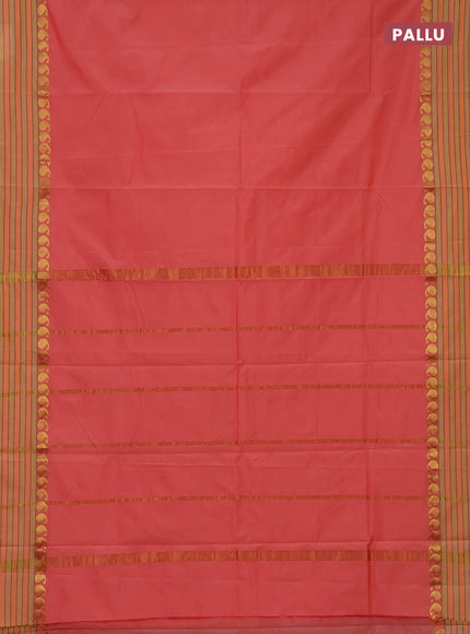 Arani semi silk saree peach orange and yellow shade with plain body and paisley zari woven simple border