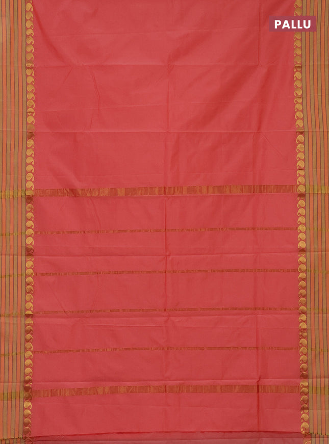 Arani semi silk saree peach orange and yellow shade with plain body and paisley zari woven simple border