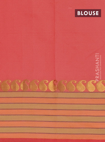 Arani semi silk saree peach orange and yellow shade with plain body and paisley zari woven simple border
