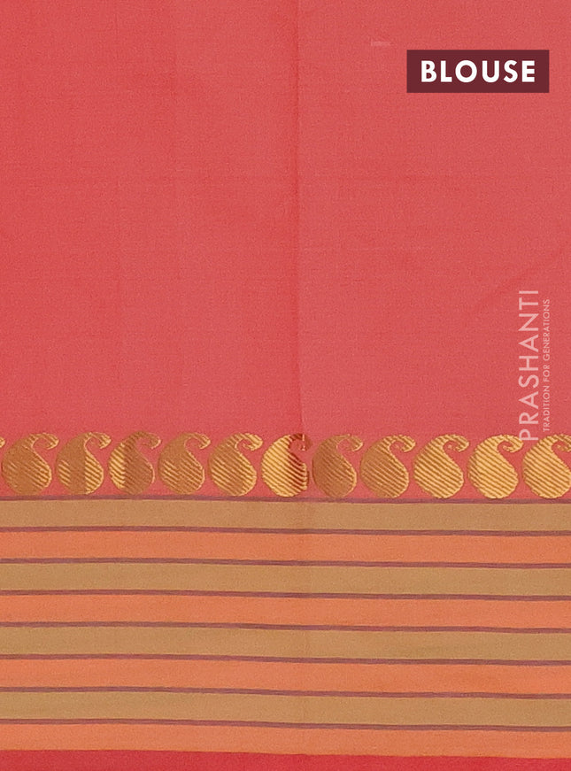 Arani semi silk saree peach orange and yellow shade with plain body and paisley zari woven simple border