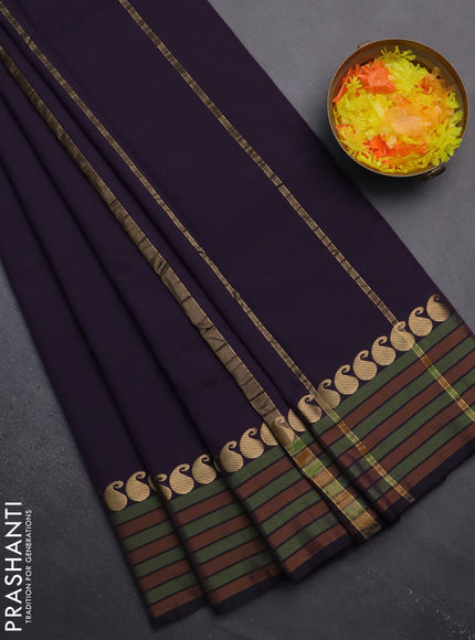 Arani semi silk saree deep purple and green with plain body and paisley zari woven simple border
