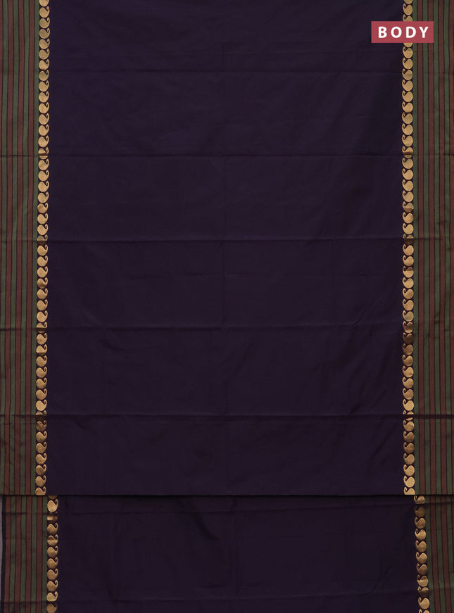 Arani semi silk saree deep purple and green with plain body and paisley zari woven simple border