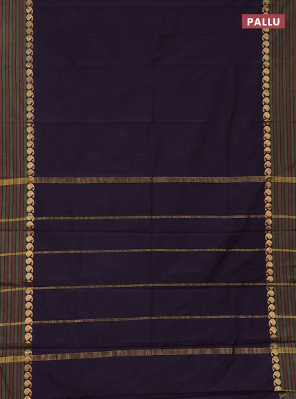 Arani semi silk saree deep purple and green with plain body and paisley zari woven simple border