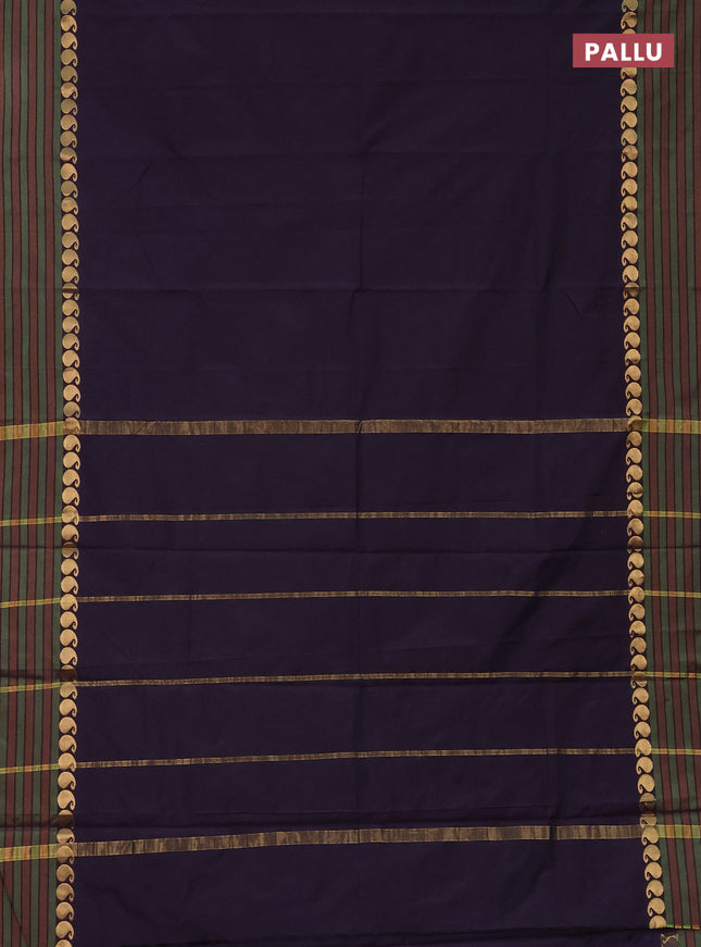 Arani semi silk saree deep purple and green with plain body and paisley zari woven simple border