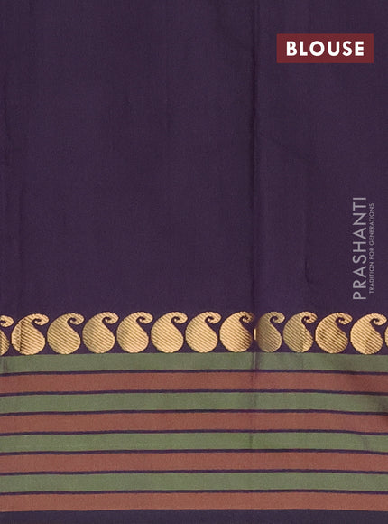 Arani semi silk saree deep purple and green with plain body and paisley zari woven simple border