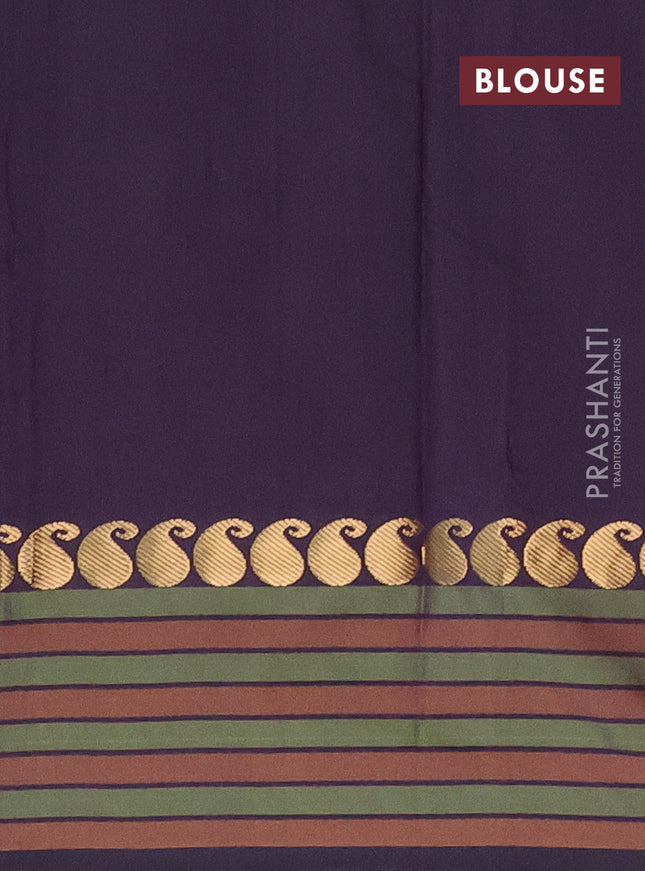 Arani semi silk saree deep purple and green with plain body and paisley zari woven simple border