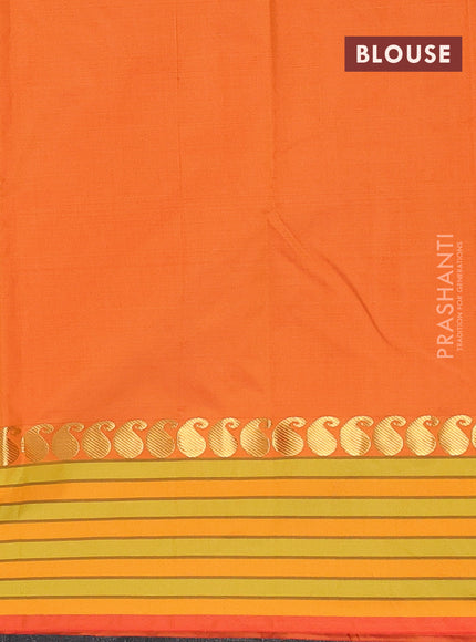 Arani semi silk saree dual shade of mustard yellow and light green with plain body and paisley zari woven simple border