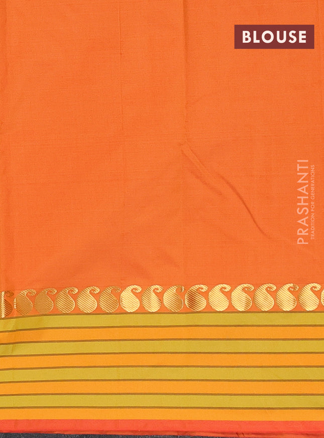 Arani semi silk saree dual shade of mustard yellow and light green with plain body and paisley zari woven simple border