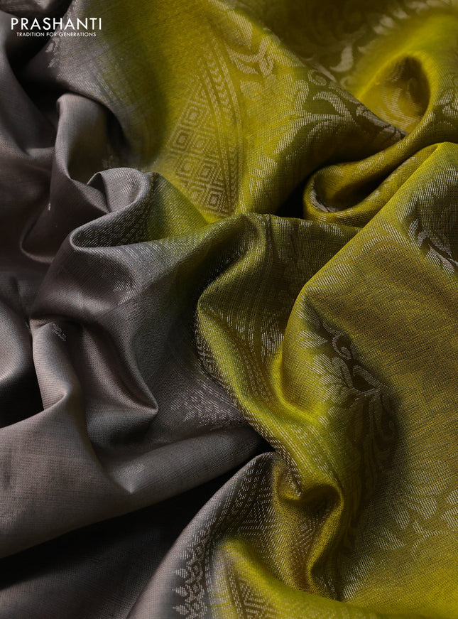 Pure soft silk saree grey and yellow with silver zari woven buttas and rettapet zari woven border