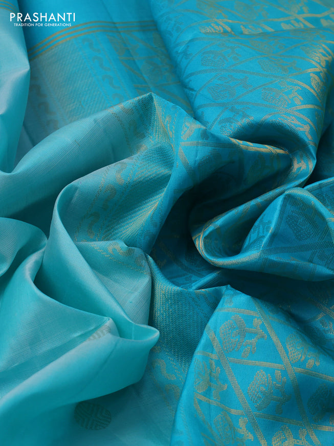 Pure soft silk saree teal blue with zari woven buttas and rettapet zari woven border