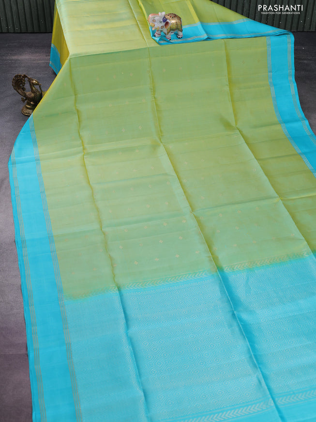 Pure soft silk saree light green and teal blue with zari woven buttas and rettapet zari woven border
