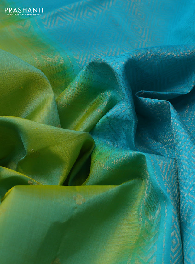 Pure soft silk saree light green and teal blue with zari woven buttas and rettapet zari woven border