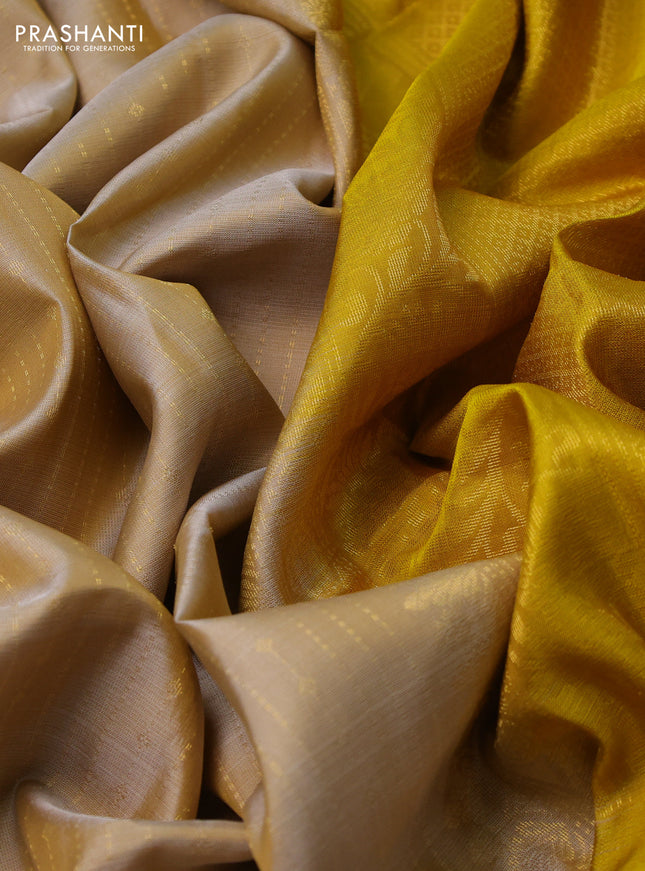 Pure soft silk saree beige and yellow with allover zari weaves and rettapet zari woven border