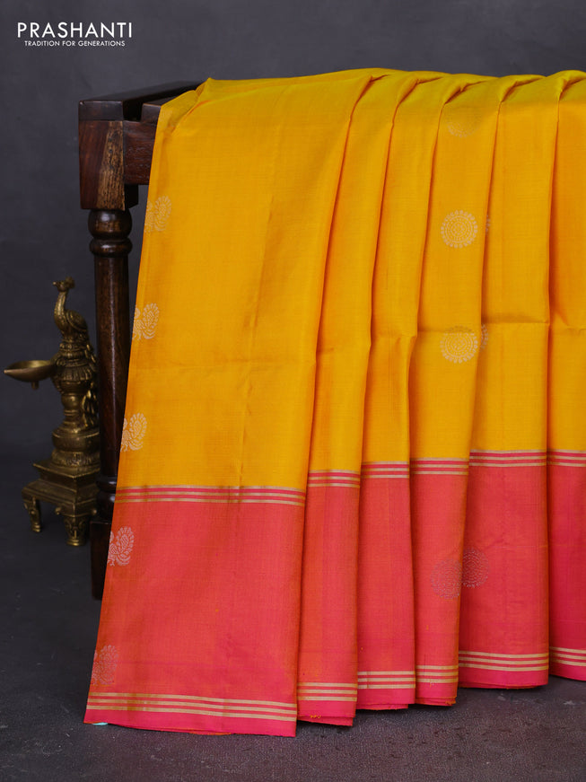 Pure soft silk saree yellow and dual shade of pinkish yellow with zari woven buttas and rettapet zari woven border