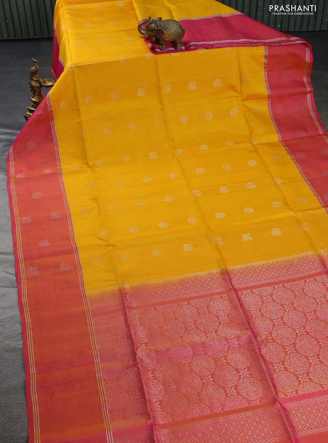 Pure soft silk saree yellow and dual shade of pinkish yellow with zari woven buttas and rettapet zari woven border