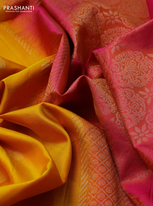 Pure soft silk saree yellow and dual shade of pinkish yellow with zari woven buttas and rettapet zari woven border