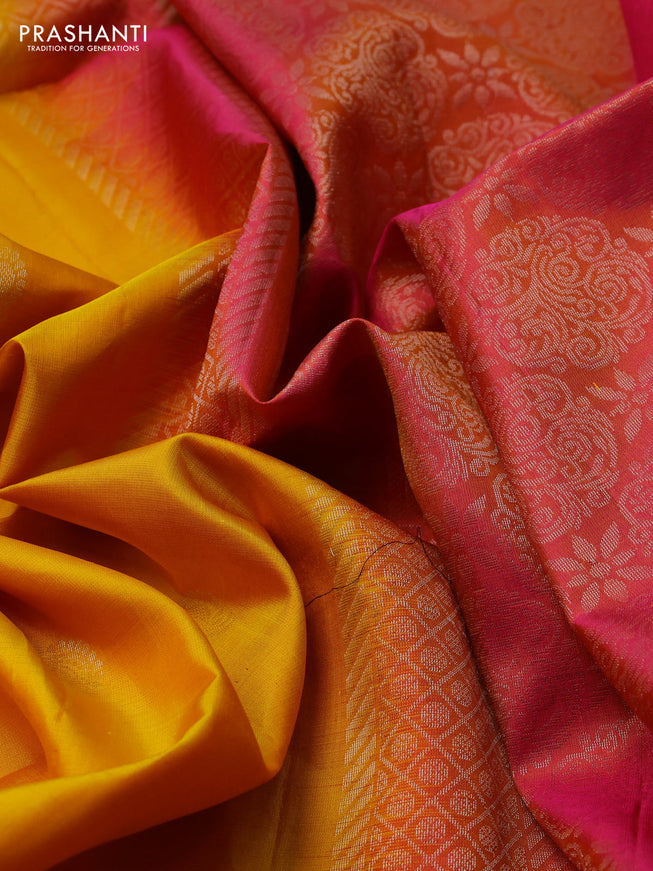 Pure soft silk saree yellow and dual shade of pinkish yellow with zari woven buttas and rettapet zari woven border