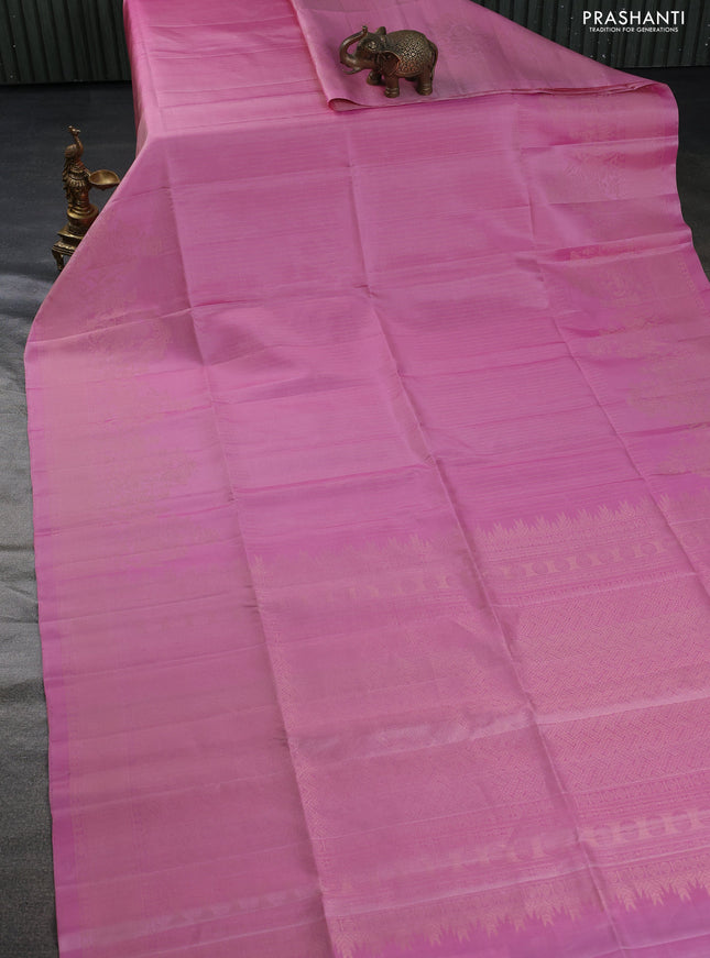 Pure soft silk saree light pink with allover zari weaves and long rich zari woven border