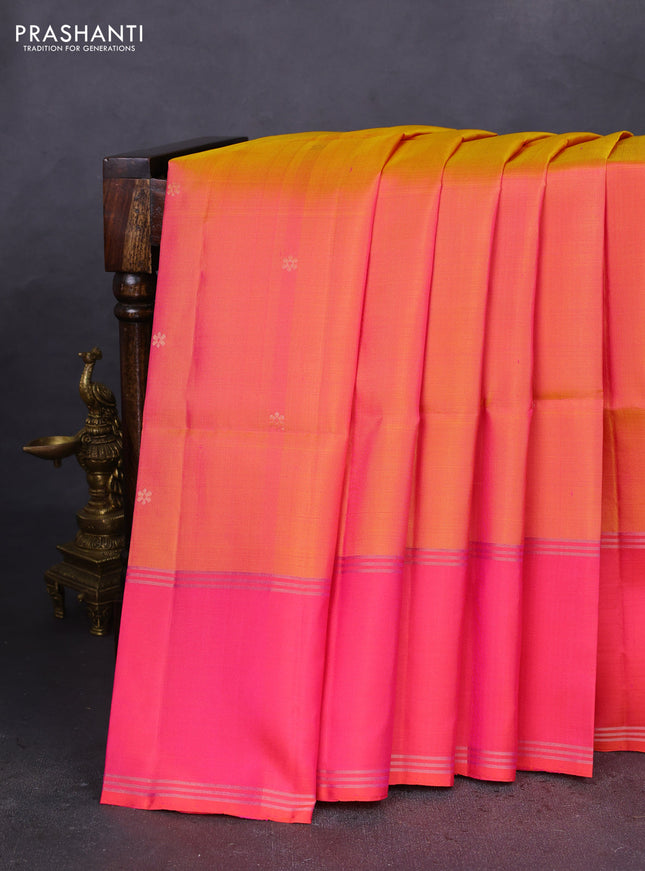 Pure soft silk saree dual shade of pinkish orange and pink with zari woven floral buttas and rettapet zari woven border